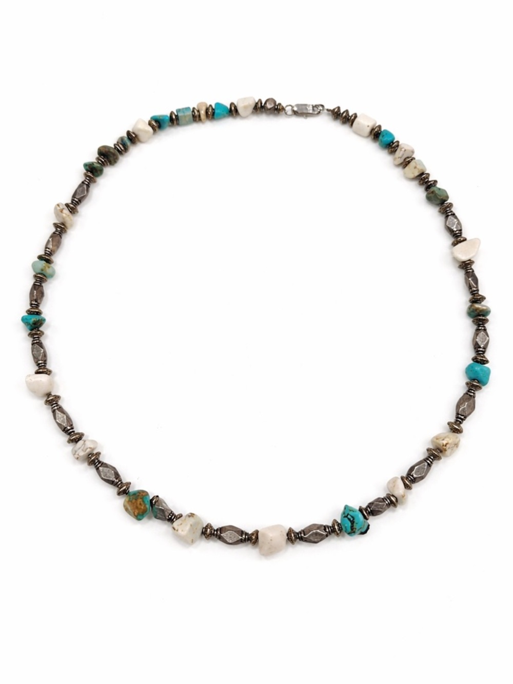 Turquoise White Stone Beaded Necklace Silver Tone Boho 22 Inch